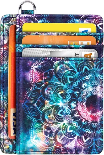 Miniatura 8 de Cartera delgada con bolsillo frontal RFID para tarjetas de identificación, bonita cartera pequeña con llavero para mujer