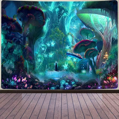 Aidatain Tapiz de planta de hongos del bosque encantado, cuento de hadas, árbol grande, paisaje de selva, para colgar en la pared, de franela grande