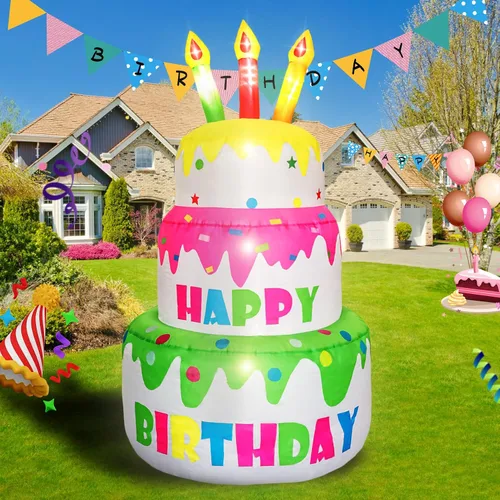 Miniatura 6 de Pastel de cumpleaños inflable personalizado de 4 pies de alto con nombre de purpurina, pastel de cumpleaños grande con velas iluminadas, 6 luces LED
