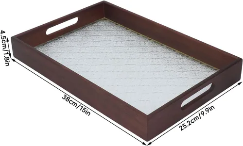 Miniatura 6 de Walnut Wood Serving Tray, Rectangle Vintage Glass Bottom with Handles, Elegant Kitchen Snack Plate - Multi Purpose, Durable Wood Siding, Ideal for
