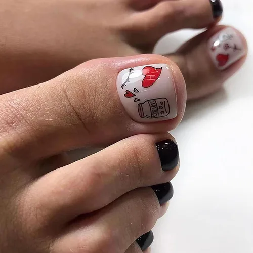 Miniatura 26 de Uñas postizas acrílicas artificiales negras para los dedos de los pies, ataúd a presión con diseños de flores blancas, uñas postizas reutilizables