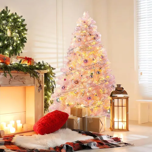 Erivess Árbol de Navidad Artificial de 6 Pies, Árbol de Navidad con Nieve Artificial con 1000 Puntas de Rama, Bisagras de Metal y Base Plegable para