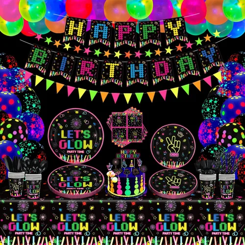 231 piezas de suministros de fiesta de neón que brillan en la oscuridad, decoraciones de fiesta de luz negra, juego de vajilla para fiesta, platos,