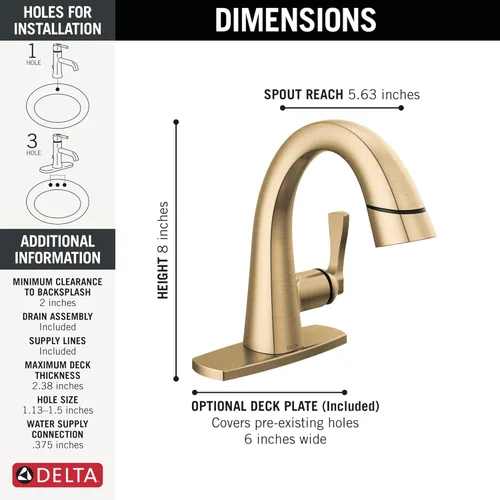 Miniatura 3 de Grifo Delta Stryke abatible para baño, grifo extraíble para baño, grifo de baño dorado de un solo orificio con rociador abatible, grifo de lavabo