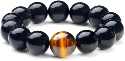SX Commerce Pulsera de obsidiana natural negra de piedra natural de 0.394in o 0.472in con un ojo de tigre único, buen regalo para hombres y mujeres