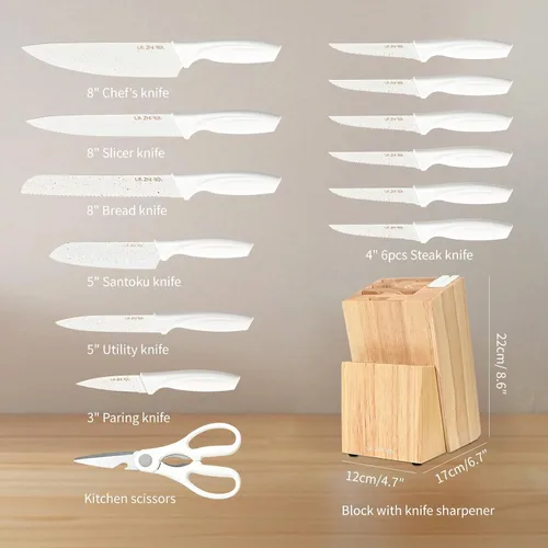 Miniatura 2 de Juego de cuchillos de 15 piezas, juego de bloques de cuchillos de cocina, juego de cuchillos de acero inoxidable blanco con afilador para picar