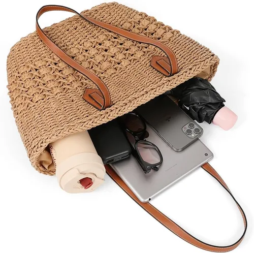 Miniatura 3 de Bolso de hombro de paja para mujer, grande, tejido de ratán, bolso de viaje de verano, playa, bolso hecho a mano con asa superior