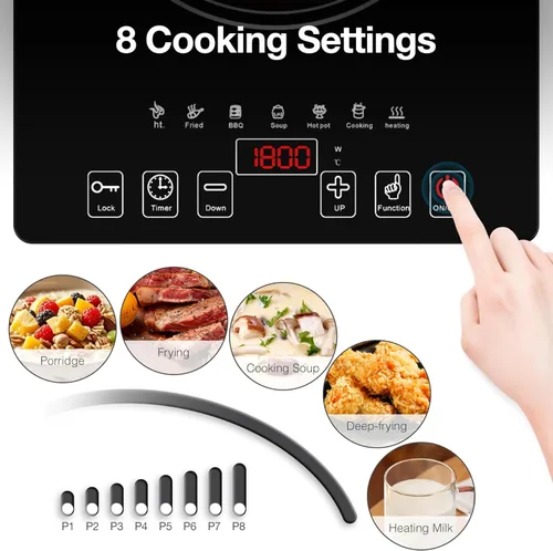 Miniatura 7 de Estufa Eléctrica, Placa de Cocina Eléctrica Portátil de 1800W de Quemador Único con Pantalla Táctil LED, 8 Niveles de Potencia y 8 Niveles de Negro