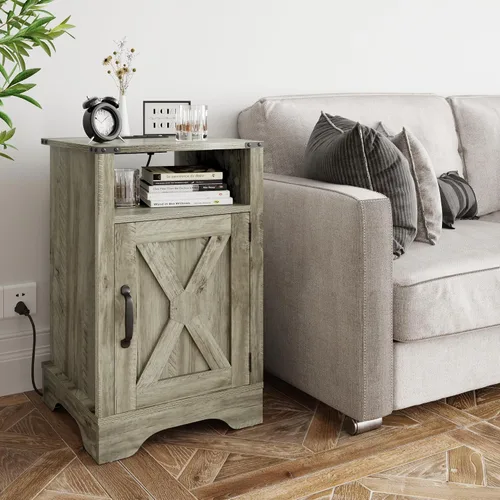 Miniatura 3 de FansaFurn Mesita de noche de granja con estación de carga, mesa auxiliar rústica de madera para dormitorio, sala de estar, 16 pulgadas de Gris claro