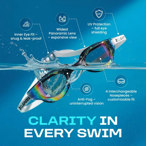 Miniatura 4 de Clear'r Victor Adult Swim Goggles, Mirrored Anti-Fog Goggles with UV Protection & Panoramic View, 4 Nosepieces