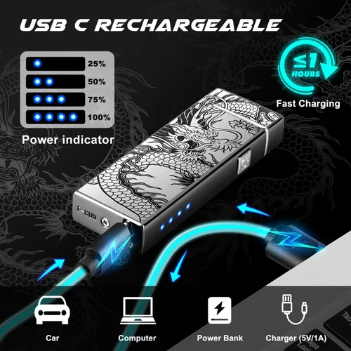 Miniatura 3 de LcFun Encendedor eléctrico recargable por USB, resistente al viento, de plasma, doble arco con indicador de batería LED, sin llama, encendedores