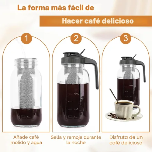 Miniatura 5 de Máquina de café de infusión fría, jarra de albañil de 64 onzas con filtro de acero inoxidable, tapa con pico para servir, de vidrio resistente