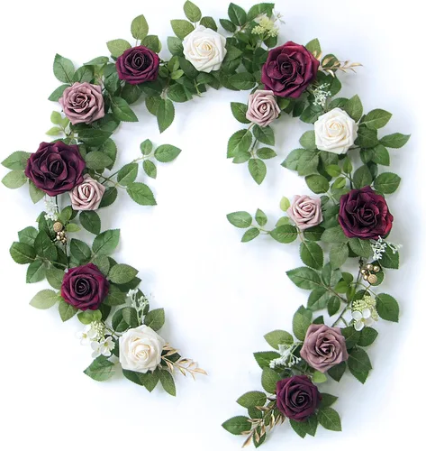 PONATIA Guirnalda de Rosas Artificiales de Color Borgoña de 5 Pies Hecha a Mano, Flores Rosa Empolvado para Ceremonia de Boda, Guirnaldas de Telón