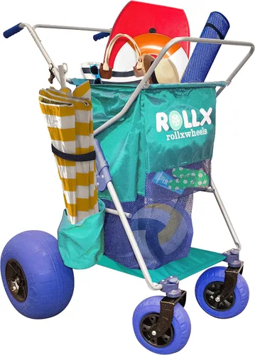 Miniatura 14 de RollX Carro de almacenamiento plegable con 4 ruedas de globo, neumáticos de playa traseros de 13 pulgadas y delanteros de 7 pulgadas