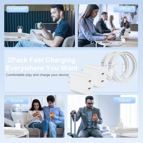 Miniatura 7 de Cargador súper rápido USB C de 45 W, paquete de 2 bloques de carga dual USB C para iPhone con cable trenzado tipo C a C de 3.3 pies de carga rápida
