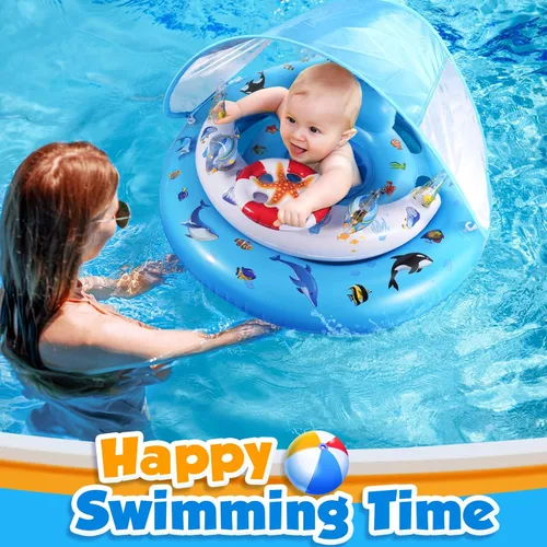 Miniatura 6 de Flotador de piscina para bebé con dosel de protección solar UPF50+, flotadores inflables para piscina de niños con consola de juego para bebé de 6 a