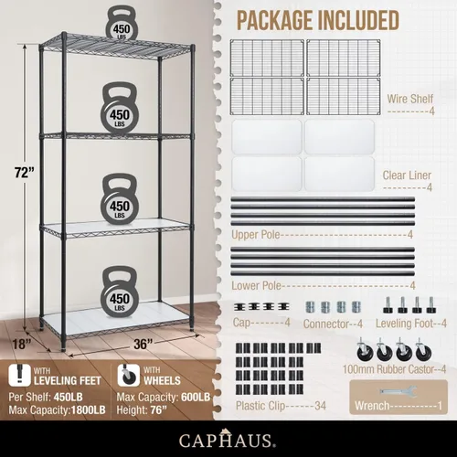 Miniatura 3 de CAPHAUS NSF - Estantería de alambre resistente con ruedas, patas de nivelación y revestimientos, estante de metal de almacenamiento, almacenamiento