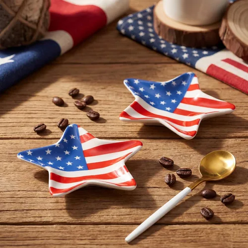 Miniatura 4 de Meanplan 2 Pcs Patriotic Coffee Spoon Rest 4.3 Inch 4th of July Ceramic Spoon Rest American Flag Star Dipping Bowl Blue and Red Star Dish for