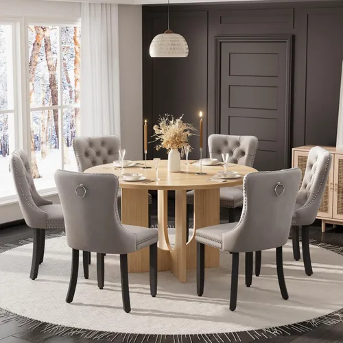 Miniatura 41 de Mesa de comedor redonda de 47 pulgadas para juego de mesa de cocina rústica de 6,7 piezas, mesa de comedor de granja, sillas negras de alta gama