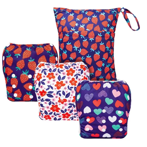 ALVABABY 3 pañales de natación grandes para bebé, con 1 bolsa húmeda, reutilizable, lavable y ajustable, para clases de natación y bebé niño y niña,