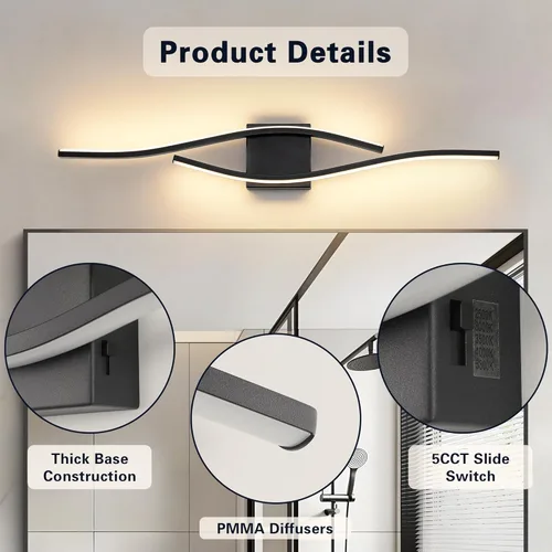 Miniatura 7 de Joossnwell Lámpara de tocador de baño, moderna lámpara de baño sobre espejo de 31.5 pulgadas, barra de luz negra regulable 5CCT, luces LED de Negro