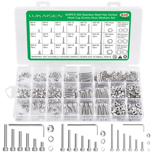 Miniatura 20 de Surtido de 1500 piezas de tornillos, tuercas y arandelas, kit de pernos y tuercas métricos M2 M3 M4 M5 M6 con cabeza hexagonal de casquillo, acero