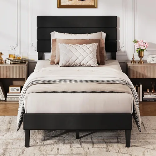 Miniatura 13 de WLIVE Base de cama tapizada, marcos de cama individual con cabecero, cama de plataforma con listones de madera, base de colchón de 600 libras,