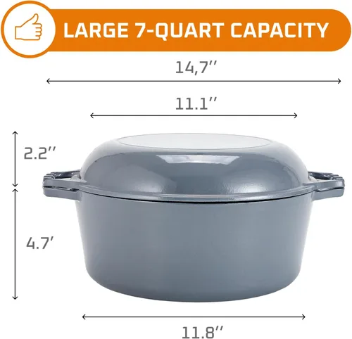 Miniatura 3 de Bruntmor Horno Holandés de Hierro Fundido Esmaltado 2 en 1 con Asas - Olla de Barro Gris Olla de Hierro Fundido con Tapa de Sartén - Utensilios