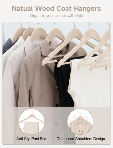Miniatura 6 de StorageWorks Perchas de madera para camisas, chaquetas, pantalones, trajes, suéteres, madera de loto Beige natural