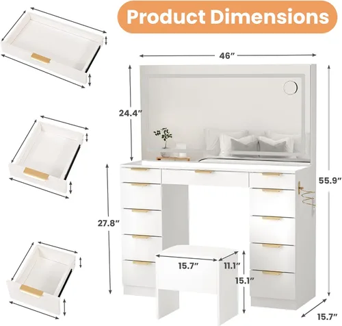 Miniatura 7 de Pamapic Tocador de 11 cajones con manijas doradas, rieles silenciosos mejorados, espejo de tocador con luces, 3 modos de iluminación, tocador