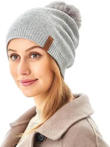 Miniatura 6 de Gorro de invierno para mujer con pompón de piel sintética cálido suave con diamantes de imitación para mujer