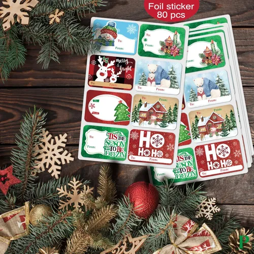 Miniatura 5 de Etiquetas adhesivas de regalo de Navidad de gran tamaño de 80 unidades, 8 diseños jumbo - Etiqueta de regalo de Navidad con "de" y "para", etiquetas