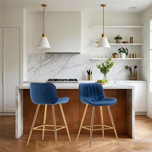 Miniatura 8 de Sidanli Blue - Juego de 2 taburetes de bar de terciopelo de 24 pulgadas con reposapiés, sillas de bar modernas para el hogar, isla de cocina, comedor