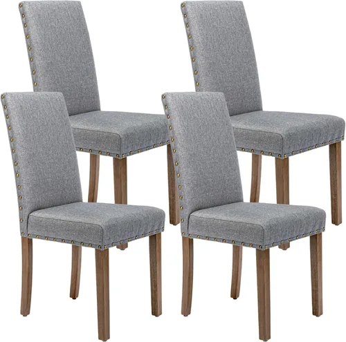 Miniatura 11 de Silla de comedor tapizada moderna y elegante Parsons con respaldo alto con ribete de cabeza de clavo de bronce y patas de madera, juego de 4, gris