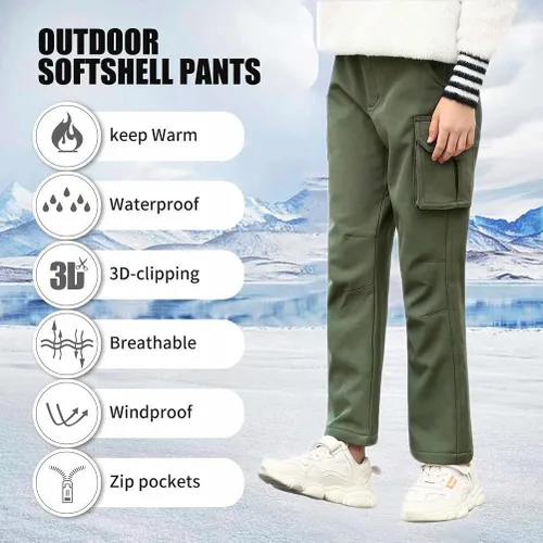 Miniatura 3 de JOMLUN Pantalones de senderismo con forro polar para niño, impermeables, resistentes al viento, cálidos, suaves, para exteriores, pantalones cargo