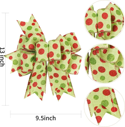 Miniatura 2 de SIMISI RIBBON Lazo de Navidad Verde Rojo con Puntos, Lazo Rústico de Arpillera para Corona, Árbol de Navidad, Decoración de Fiestas (24.1 x 33 cm)