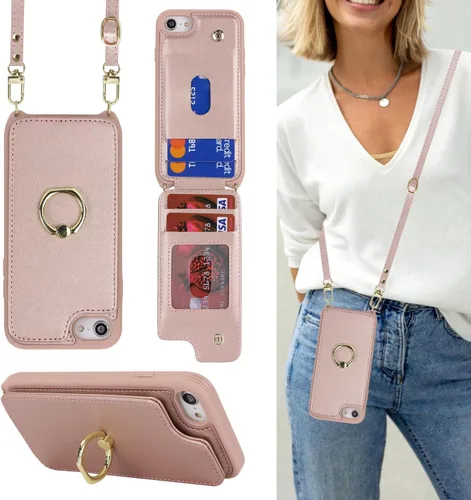 Miniatura 21 de Lipvina para iPhone 11 Pro Funda para teléfono con tarjetero y correa para mujeres, cordón cruzado, soporte de anillo con patas, cierre de presión