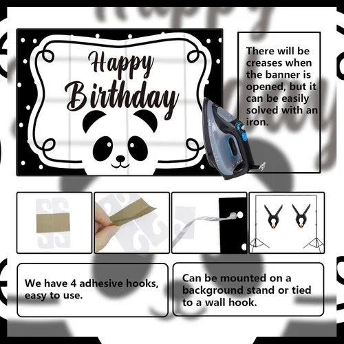 Miniatura 4 de Cartel de feliz cumpleaños de panda lindo telón de fondo blanco y negro oso animales zoológico decoración temática decoración para fiesta