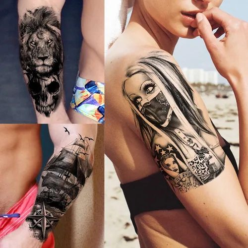Miniatura 2 de Bilizar 63 hojas de tatuajes tribales temporales de lobo, león, tigre para hombres, mujeres, adultos, aterradores tatuajes temporales de calavera