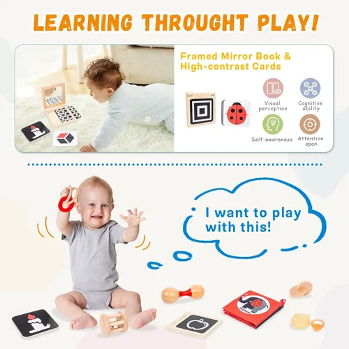 Miniatura 5 de Adena Montessori Kit de juego para bebés de 3 a 4 meses, juguetes educativos de aprendizaje de madera 8 en 1 para niños pequeños, incluye libro