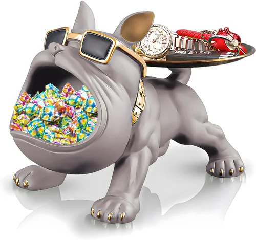 Miniatura 13 de Estatua de bandeja de bulldog francés de resina Huhote, plato de caramelos y llavero de bulldog, accesorios de bulldog francés, estatuas