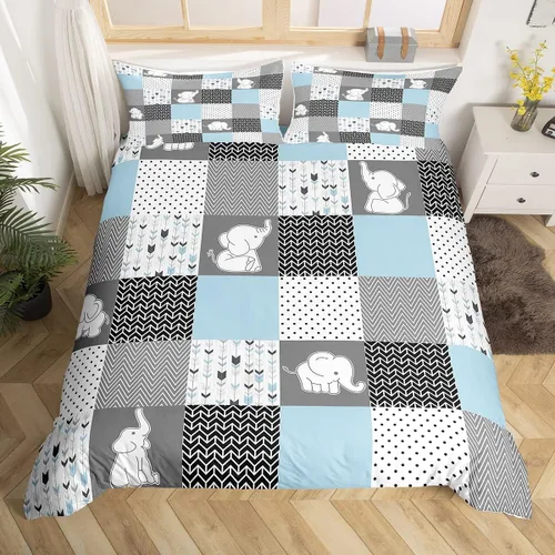 Miniatura 37 de Homewish Juego de ropa de cama de elefante, tamaño Queen, funda de edredón a rayas azules para niños y niñas, juego de funda de edredón de animales