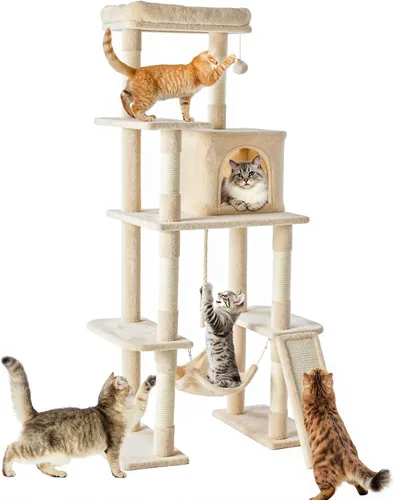 Miniatura 12 de DUMOS Torre grande de árbol para gatos de 66 pulgadas, torre alta de escalada para gatos de varios niveles con postes rascadores de sisal natural