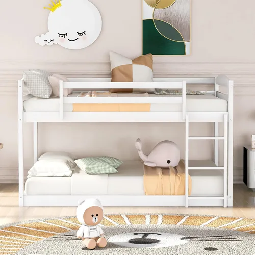 Miniatura 10 de Harper & Bright Designs Litera baja individual sobre individual, marco de cama individual de madera con escalera y barandillas, literas bajas