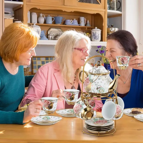 Miniatura 6 de Zhehao Juego de té de porcelana de 20 piezas con soporte de metal y cuchara para adultos, juego de té de cerámica para adultos, pintura de flores