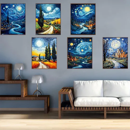Miniatura 7 de Leatrice Juego de 6 piezas de arte de diamantes de Van Gogh para adultos, pintura de diamantes redondos, kit de pintura de gemas para adultos, Van