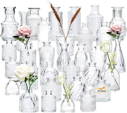 Juego de 32 jarrones pequeños para flores, botellas pequeñas de vidrio vintage para centros de mesa rústicos de boda y decoración del hogar