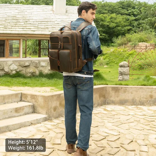 Miniatura 6 de TIDING Mochila para portátil de cuero de grano completo de 17.3 pulgadas para hombres, multibolsillos, casual, mochila de viaje de negocios, Marrón