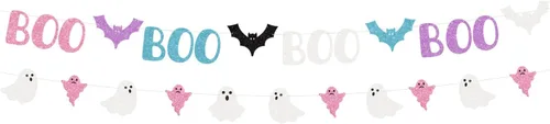 Decoración de Halloween en colores pastel, 2 piezas de guirnalda de pancarta de fantasma, murciélago y fantasma, boo para niños, fiesta de