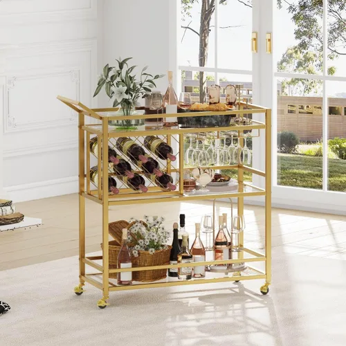 Miniatura 3 de FATORRI Carrito de bar dorado, carrito de servicio de bar con estante para vino y soporte para vasos, carritos de vino con ruedas con estantes